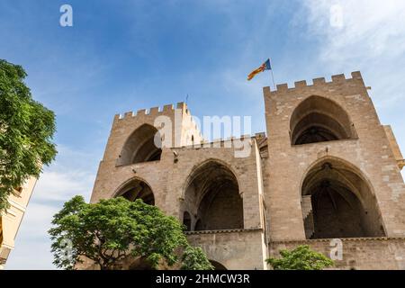 South facade of the city gate “Torres de Serranos” in Valencia, Spain, Europe Stock Photo