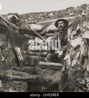 Vintage photo of World War I. 1914-1918. Rifle grenade in a British line trench in the Balkans (Macedonian front). 1915-1918 Stock Photo