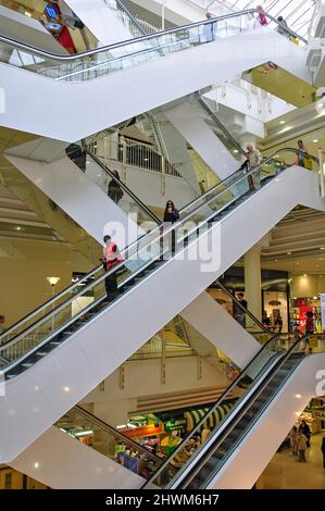 Interior atrium and escalators in The Potteries Shopping Centre, Market Square, Hanley, Stoke-on-Trent, Staffordshire, England, United Kingdom Stock Photo