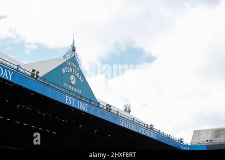 A view of the Sheffield Wednesday clock face inside Hillsborough Stadium Stock Photo