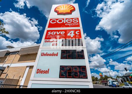 Brisbane, Queensland, Australia - Mar 14, 2022: Fuel prices at the local Shell Coles Express petrol station Stock Photo