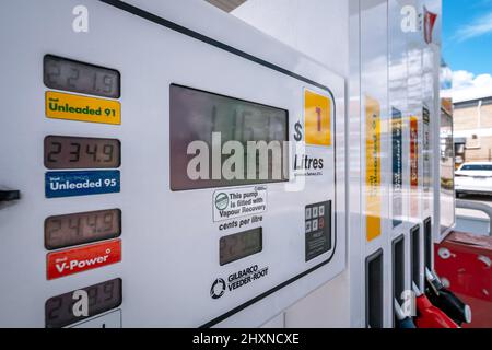 Brisbane, Queensland, Australia - Mar 14, 2022: Fuel prices at the local Shell Coles Express petrol station Stock Photo