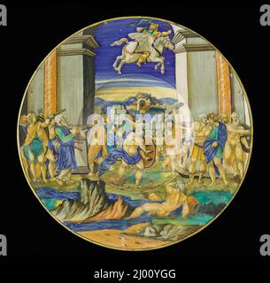 Plate with Scene from Ariosto’s 'Orlando Furioso'. Francesco Xanto Avelli da Rovigo (Italy, Urbino, active 1530–1542). Italy, Urbino, 1531. Furnishings; Serviceware. Tin-glazed earthenware (maiolica) Stock Photo