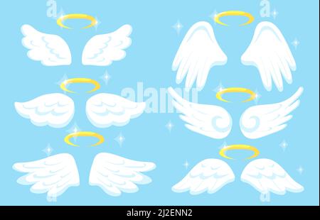 Creative angel wings with gold nimbus flat pictures set for web design. Cartoon collection of cute white wings isolated vector illustrations. Heaven a Stock Vector