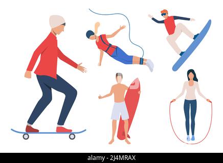 Set of outdoor activities. Men and women snowboarding, skateboarding, surfing, jumping rope. Activity concept. Vector illustration can be used for top Stock Vector