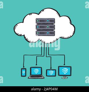 Vector illustration of connecting multiple devices to a cloud server. Sketch style illustration. Stock Vector