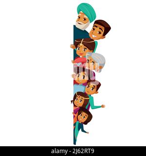 Vector cartoon Indian family characters peeping empty blank space. White paper poster background template. hindu senior man, woman, parents, father mo Stock Vector