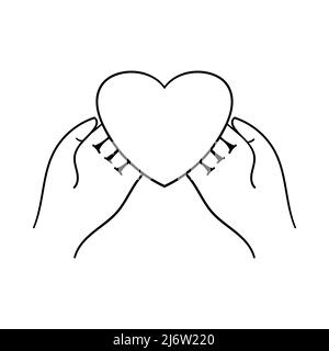 Valentine card in his hands. Hands holding the heart. Decorative element for Valentine's Day. Outline design object is drawn by hand and isolated on w Stock Vector