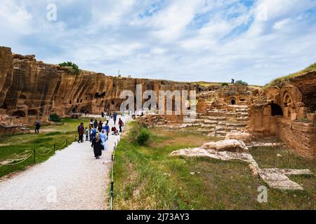 Dara ancient site and the rock tombs near the city of Mardin, Turkey. The view of archaeological site of Dara, Mesopotamia, Turkey Stock Photo