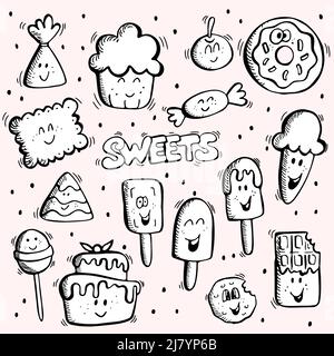 Set of various sweets doodles illustrations. Vector hand drawn simple sweets and candies sketches with cute smily faces. Stock Vector