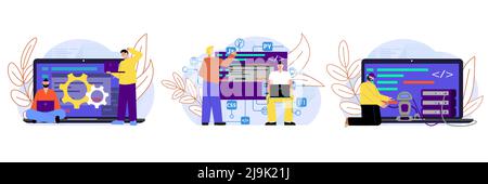 It specialist set of isolated compositions with flat computer screens connection icons and doodle human characters vector illustration Stock Vector