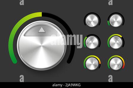 Realistic round chrome adjustment dials at different settings isolated on black background vector illustration Stock Vector