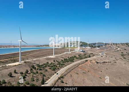 Wind turbines generate clean energy.  Stock Photo