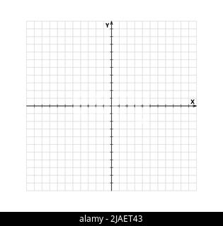 Blank cartesian coordinate system in two dimensions. Rectangular orthogonal coordinate plane with axes X and Y on squared grid. Math scale template Stock Vector