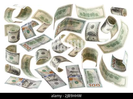 Set of 100 us dollar bill banknotes isolated on white background, design elements collage Stock Photo