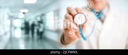 Medical technology telemedicine health insurance virtual hospital concept. Top view stethoscope with health icon medical network connection with icon Stock Photo