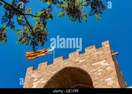 Torres de Serranos in Valencia, Spain, built as part of the city wall. Stock Photo