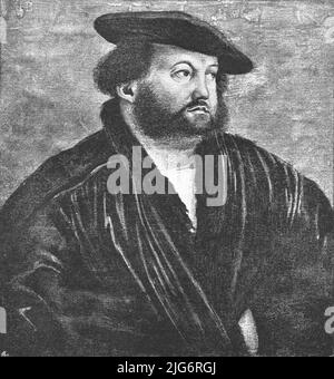 ''Pictures from the Tudor Exhibition; Hans Holbein, painted by himself', c.1535. 1890. Stock Photo