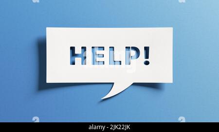 Help needed message asking for support, advice, assistance or helping hand to assist in a difficult situation or emergency. Customer service, FAQ, res Stock Photo