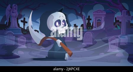 Grim reaper with scythe on night cemetery. Funny death character wear black chlamydia with skull under hood. Scytheman skeleton in cape on graveyard, Stock Vector