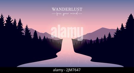 waterfall river in the mountains at beautiful sunset landscape Stock Vector