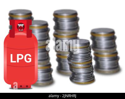 lpg gas price in india is increasing daily. gas cylinder on blur coin background. Stock Photo