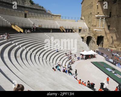 View of the steep stone seating at the outdoor auditorium of the Antique Theatre of Orange, built by the Emperor Augustus in the first century. Stock Photo