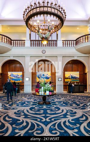 Elaborate chandelier; main lobby; The Fairmont; Chateau Lake Louise; Lake Louise; Banff National Park; Alberta; Canada Stock Photo