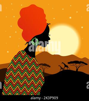 Tropical landscape with beautiful african woman in turban. African savannah card with sunset. Stock Photo