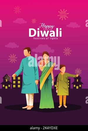 vector illustration of Hindu family celebrating on Happy Diwali Indian holiday background. Stock Vector