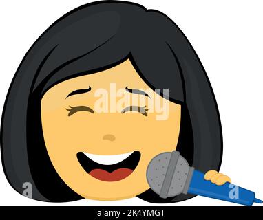 Vector emoji illustration of a yellow cartoon woman, singing with a microphone in her hand Stock Vector