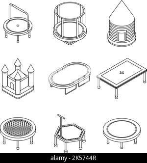 Trampoline icons set. Isometric set of trampoline vector icons outline isolated on white background Stock Vector