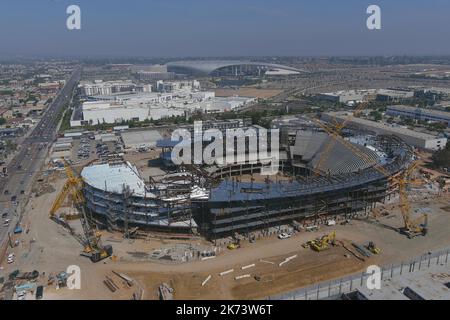 A general overall aerial view of the Intuit Dome construction site with ...