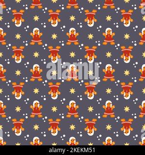 Seamless pattern from gingerbread woman cookies, stars snd snowflakes. Print for new year, Christmas and winter holiday. Vector flat illustration Stock Vector