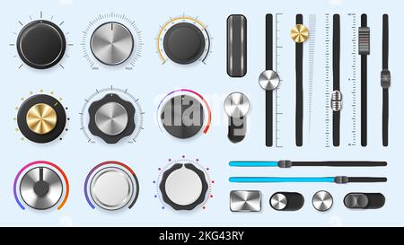 Audio mixer dials. Volume adjustment levels metal knobs and slider regulators, round and line amplify controllers vector set Stock Vector