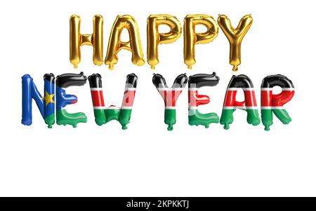 3d illustration of happy new year letter balloons with South Sudan flag color isolated on white background Stock Photo