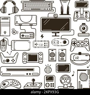 Doodle gaming elements, gamers electronics devices sketch. Computer game, console and joystick. Social media and play neoteric vector icons Stock Vector