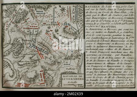 Seven Years War (1756-1763). Map of the Battle of Lutterberg (October 10, 1758). French troops, led by Prince Soubise, defeated a contingent of Hanoverian soldiers and Hessian mercenaries, commanded by General Christoph Ludwig von Oberg. Published in 1765 by the cartographer Jean de Beaurain (1696-1771) as an illustration of his Great Map of Germany, with the events that took place during the Seven Years War. Allied army in red and the French army in blue. Etching and engraving. French edition, 1765. Military Historical Library of Barcelona (Biblioteca Histórico Militar de Barcelona). Cataloni Stock Photo