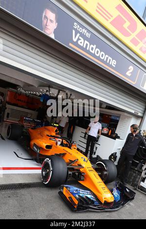 Illustration picture shows the booth and car of Stoffel Vandoorne, during preparations ahead of the Spa-Francorchamps Formula One Grand Prix of Belgium race, in Spa-Francorchamps, Friday 24 August 2018. BELGA PHOTO BENOIT DOPPAGNE  Stock Photo