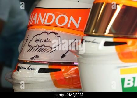 Illustration picture shows the helmets of Stoffel Vandoorne, during the free test ahead of the Spa-Francorchamps Formula One Grand Prix of Belgium race, in Spa-Francorchamps, Friday 24 August 2018. BELGA PHOTO BENOIT DOPPAGNE  Stock Photo