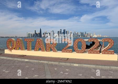 Impressions from Doha / Qatar on November 29th, 2022. FIFA Fanfest,Corniche West Bay.The Corniche. Skyline,Silhouette,Skyscraper. LETTERING Football World Cup 2022 in Qatar from 20.11. - 18.12.2022 Stock Photo