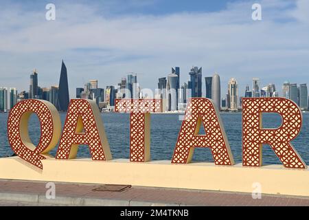 Impressions from Doha/Qatar on November 29th, 2022. FIFA Fanfest, Corniche West Bay.The Corniche. Skyline, Silhouette, Skyscraper. LETTERING Soccer World Cup 2022 in Qatar from 20.11. - 18.12.2022 Stock Photo