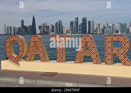 Impressions from Doha/Qatar on November 29th, 2022. FIFA Fanfest, Corniche West Bay.The Corniche. Skyline, Silhouette, Skyscraper. LETTERING Soccer World Cup 2022 in Qatar from 20.11. - 18.12.2022 Stock Photo