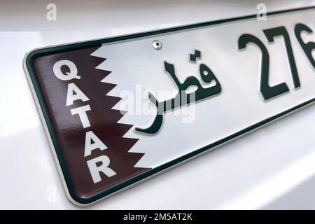 Impressions from Doha/Qatar on November 25th, 2022. Qatar car license plate, number plate, license plate. Soccer World Cup 2022 in Qatar from 20.11. - 18.12.2022 ? Stock Photo