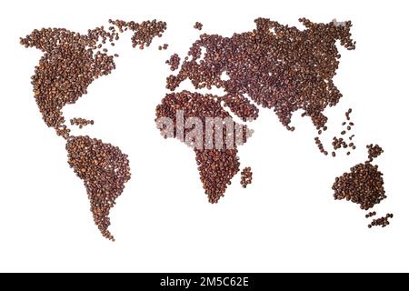 World map with continents made from roasted coffee beans isolated on white background Stock Photo