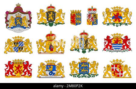 Netherlands coat of arms, provinces heraldic emblems and dutch heraldry, vector blazons. Netherlands provinces coat of arms or official heraldic symbols with lions and monarch crown on shields Stock Vector