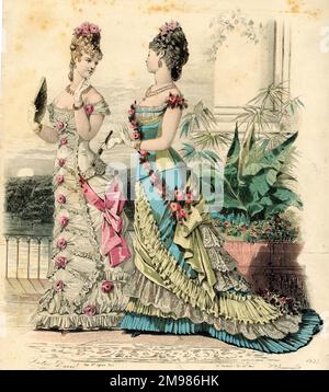 Costume plate, two women in evening dress. Stock Photo