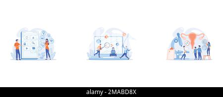 It professionals are creating mobile applications on the smartphone screen, People catching bugs on the laptop screen with angle brackets, HPV virus c Stock Vector