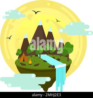 Cartoon landscape vector elements with mountains, hills, tropical trees and buildings. Hill and mountain nature illustration Stock Vector