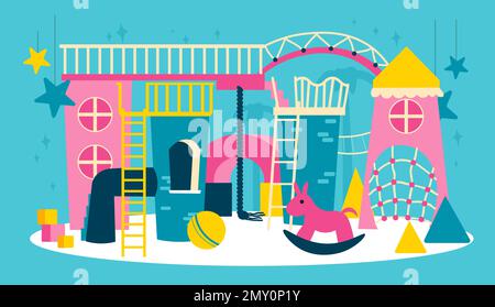 Children playroom composition with front view of childrens playground with castle ladders balls and colorful toys vector illustration Stock Vector